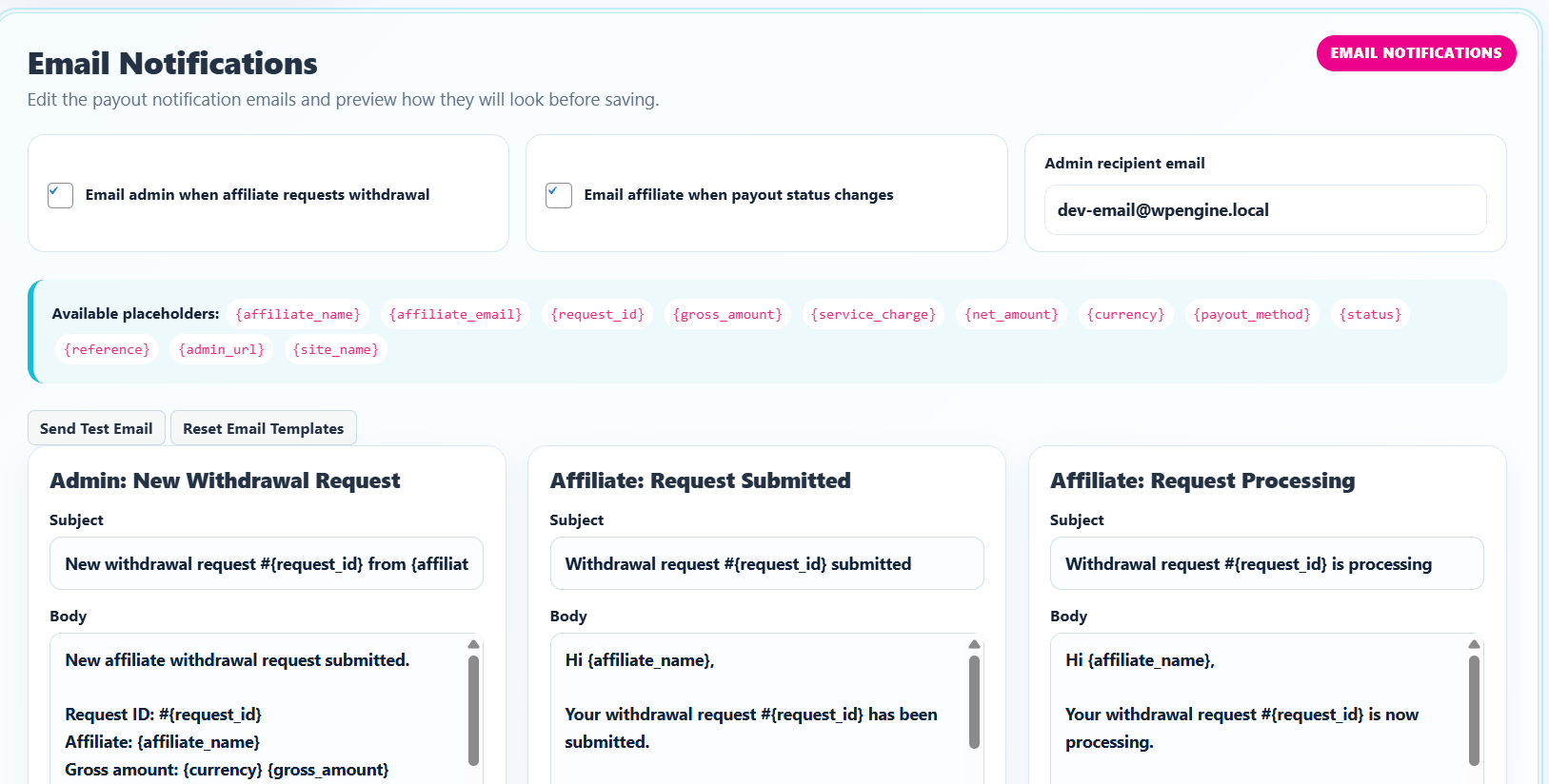 Email notification editor
