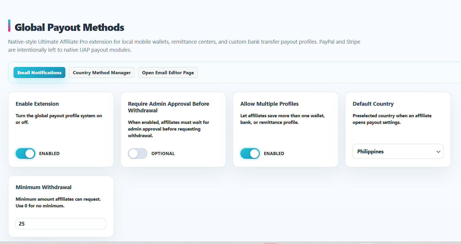 Global payout settings dashboard