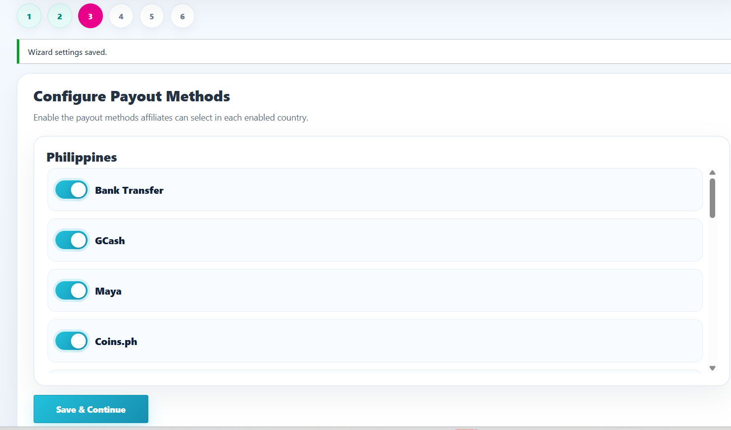 Configure payout methods wizard step