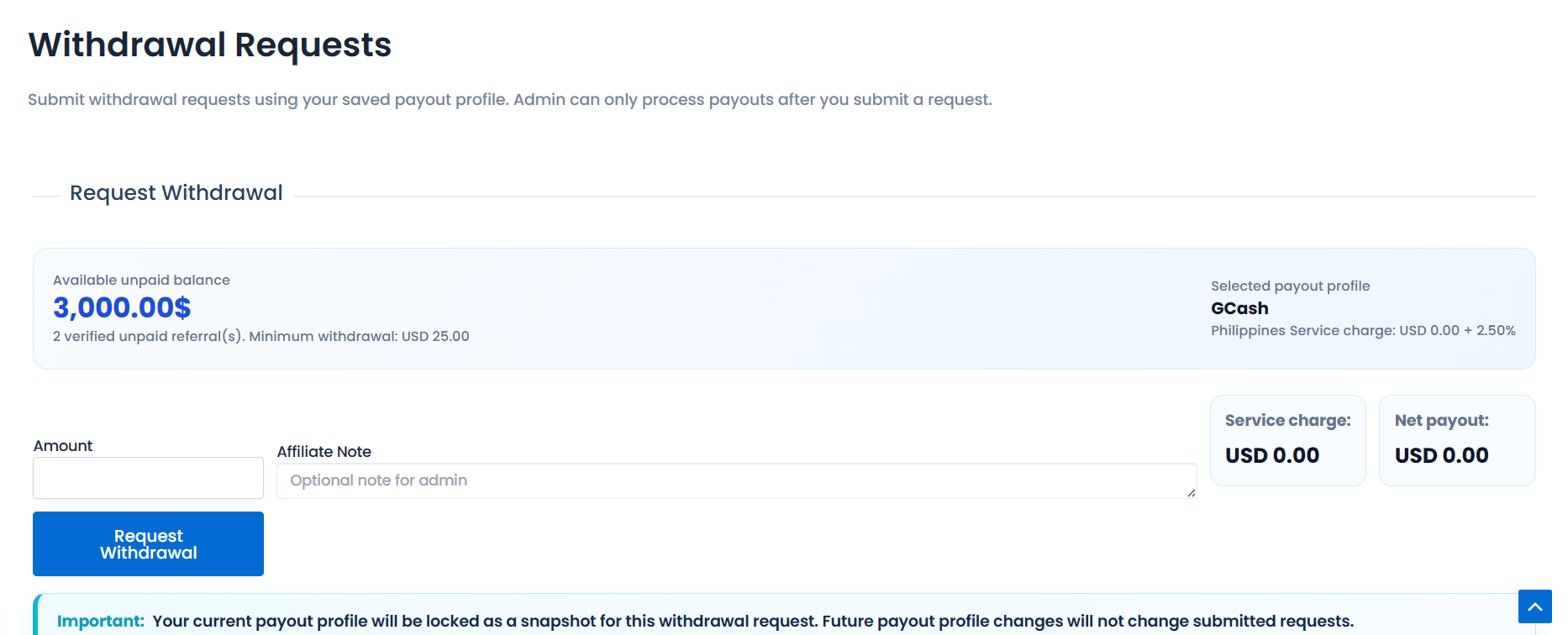 Affiliate withdrawal request screen